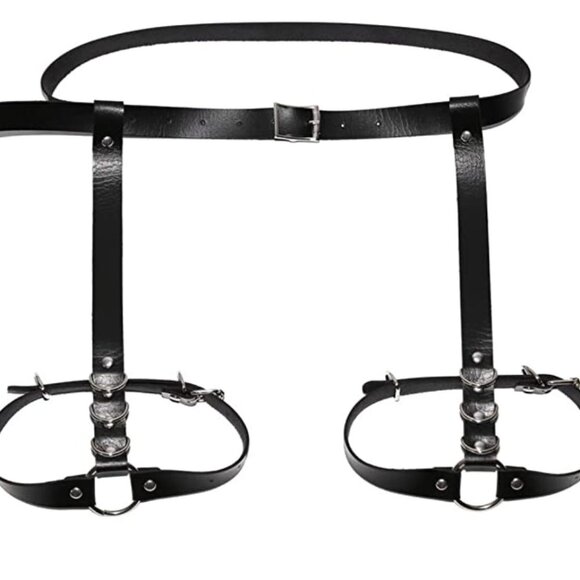 Black Faux Leather Silver Bondage Waist Leg Belt Cage Harness Body Jewelry - Picture 4 of 5
